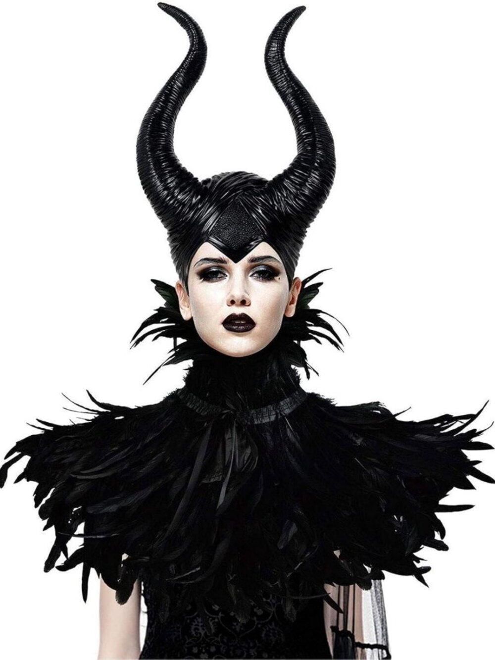 Elegant Black Feather Horns Costume Headpiece & Cape for Halloween Party